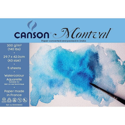 CANSON MONTVAL WATER COLOUR PAPER 5 SHEETS COLD PRESSED 300 GSM 25% COTTON A3 (500008003)