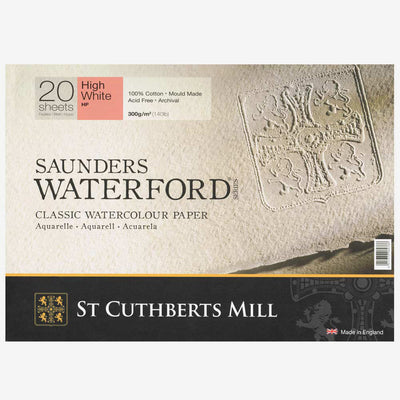 SAUNDERS WATERFORD WATER COLOUR BLOCK HIGH WHITE 20 SHEETS HOT PRESSED  300 GSM 100% COTTON 12" x 9" (45930051011C)