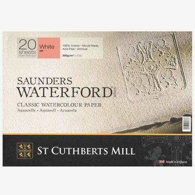 SAUNDERS WATERFORD WATER COLOUR BLOCK WHITE 20 SHEETS HOT PRESSED 300 GSM 100% COTTON 16" x 12" (45930001011E)