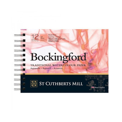BOCKINGFORD WATER COLOUR PAD WHITE 12 SHEETS SPRIAL HOT PRESSED 300 GSM 25% COTTON 7" x 5" (45230001011)