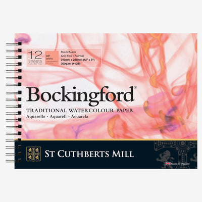 BOCKINGFORD WATER COLOUR PAD WHITE 12 SHEETS SPRIAL HOT PRESSED 300 GSM 25% COTTON 12" x 9" (45230001011C)