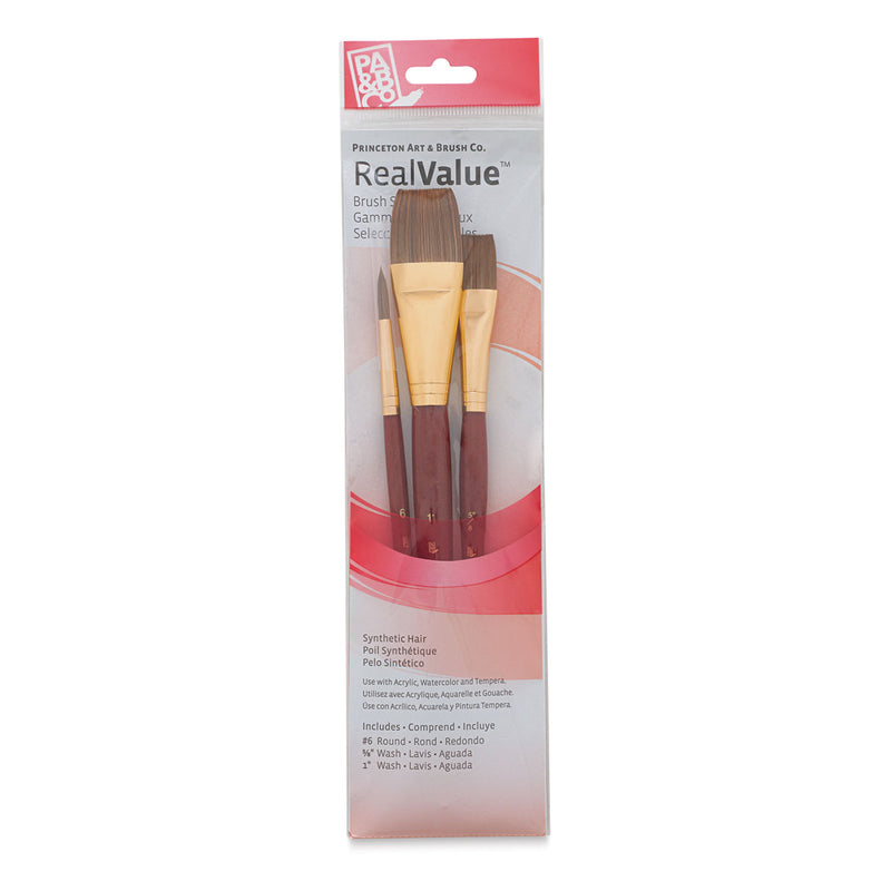 PRINCETON REAL VALUE BRUSH SELECTION SYNTHETIC HAIR CAMEL SHORT HANDLE SET OF 3 (9122)