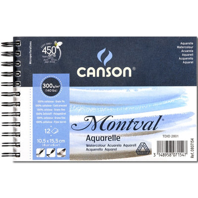 CANSON MONTVAL WATER COLOUR ALBUMS SPIRAL 12 SHEETS 1SG COLD PRESSED 300 GSM 25% COTTON 10.5 x 15.5 CM (200807154)