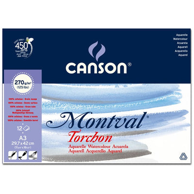 CANSON MONTVAL WATER COLOUR PADS 12 SHEETS 1SG SNOWY GRAIN COLD PRESSED 270 GSM 25% COTTON A3 (200807325)