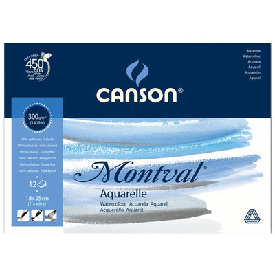 CANSON MONTVAL WATER COLOUR PADS 12 SHEETS 1SG COLD PRESSED 300 GSM 25% COTTON 18 x 25 CM (200807317)