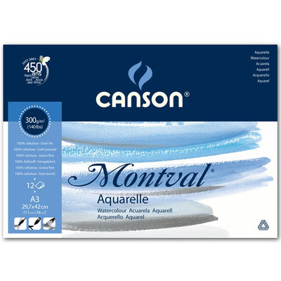 CANSON MONTVAL WATER COLOUR PADS 12 SHEETS 1SG COLD PRESSED   300 GSM 25% COTTON A3 (200807320)