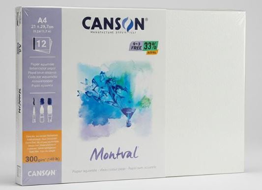 CANSON MONTVAL WATER COLOUR PAPER 9 + 3 SHEETS COLD PRESSED 300 GSM A4 ...