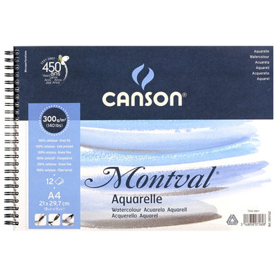 CANSON MONTVAL WATER COLOUR ALBUMS SPIRAL 12 SHEETS 1SG COLD PRESSED 300 GSM 25% COTTON A4 (200807160)