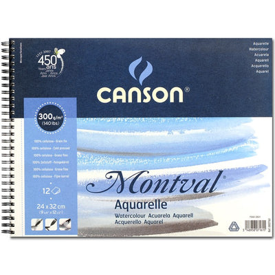 CANSON MONTVAL WATER COLOUR ALBUMS SPIRAL 12 SHEETS 1SG COLD PRESSED 300 GSM 25% COTTON 24 x 32 CM (200807161)