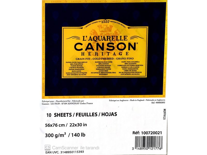 CANSON HERITAGE WATER COLOUR SHEETS COLD PRESSED 300 GSM 100% COTTON 22" x 30" (100720021)