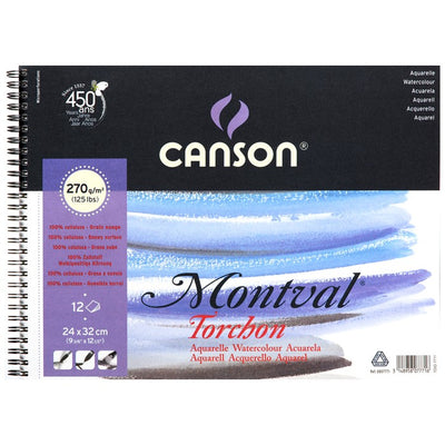 CANSON MONTVAL WATER COLOUR ALBUMS SPIRAL 12 SHEETS 1SG COLD PRESSED 270 GSM 25% COTTON 24 x 32 CM (200807771)