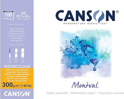 CANSON MONTVAL WATER COLOUR PADS 100 SHEETS 1SG COLD PRESSED  300 GSM 25% COTTON A3 (200006652)