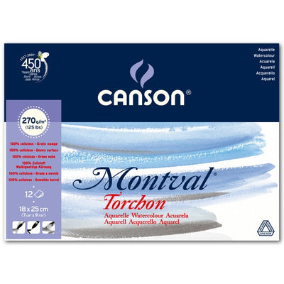 CANSON MONTVAL WATER COLOUR PADS 12 SHEETS 1SG SNOWY GRAIN COLD PRESSED 270 GSM 25% COTTON 18 x 25 CM (200807323)