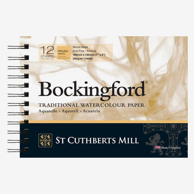 BOCKINGFORD WATER COLOUR PAD WHITE 12 SHEETS SPRIAL ROUGH 300 GSM 25% COTTON 7" x 5" (47330001011)