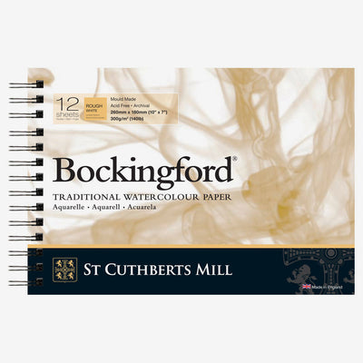 BOCKINGFORD WATER COLOUR PAD WHITE 12 SHEETS SPRIAL ROUGH 300 GSM 25% COTTON 10" x 7" (47330001011B)