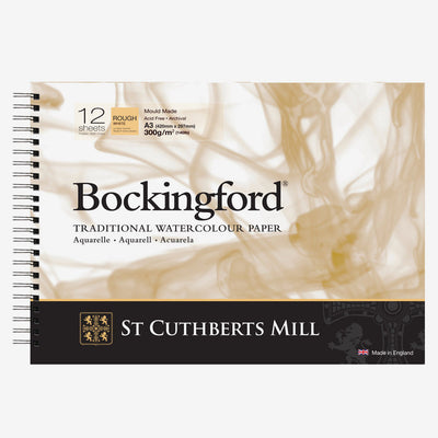 BOCKINGFORD WATER COLOUR PAD WHITE 12 SHEETS SPRIAL ROUGH 300 GSM 25% COTTON 16.5" x 11.6" (4733000101F)