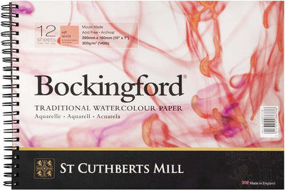 BOCKINGFORD WATER COLOUR PAD WHITE 12 SHEETS SPRIAL HOT PRESSED 300 GSM 25% COTTON 10" x 7" (45230001011B)
