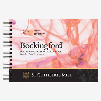 BOCKINGFORD WATER COLOUR PAD WHITE 12 SHEETS SPRIAL HOT PRESSED 300 GSM 25% COTTON 11.69" x  8.27" (4523000101DQ)