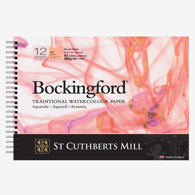 BOCKINGFORD WATER COLOUR PAD WHITE 12 SHEETS SPRIAL HOT PRESSED 300 GSM 25% COTTON 16.5" x 11.6" (4523000101F)