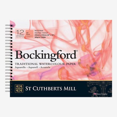 BOCKINGFORD WATER COLOUR PAD WHITE 12 SHEETS SPRIAL HOT PRESSED 300 GSM 25% COTTON 16" x 12" (45230001011E)