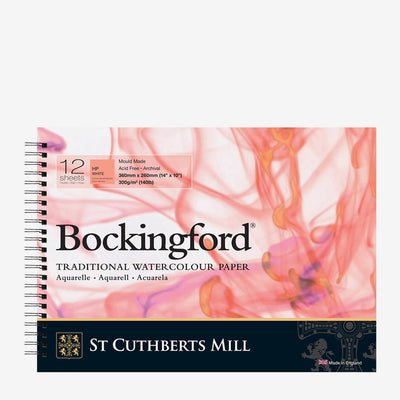 BOCKINGFORD WATER COLOUR PAD WHITE 12 SHEETS SPRIAL HOT PRESSED 300 GSM 25% COTTON 14" x 10" (45230001011D)