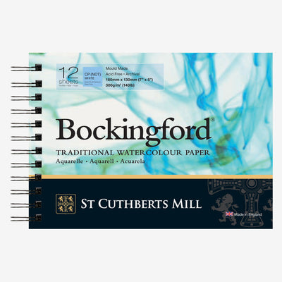 BOCKINGFORD WATER COLOUR PAD WHITE 12 SHEETS SPRIAL COLD PRESSED 300 GSM 25% COTTON 7" x 5" (47030001011)