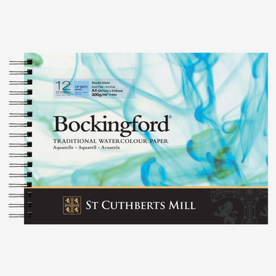 BOCKINGFORD WATER COLOUR PAD WHITE 12 SHEETS SPRIAL COLD PRESSED 300 GSM 25% COTTON 11.69" x  8.27" (4703000101DQ)