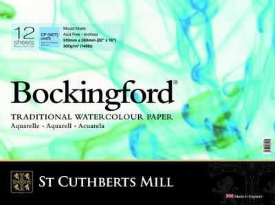 BOCKINGFORD WATER COLOUR PAD WHITE 12 SHEETS SPRIAL COLD PRESSED 300 GSM 25% COTTON 20" x 15" (47030001013Z)