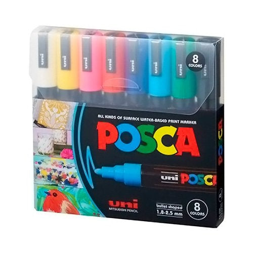 UNIPOSCA MARKER SET OF 8 ASSORTED COLOURS PC-3M