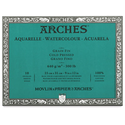 ARCHES WATER COLOUR BLOCK 10 SHEETS COLD PRESSED 640 GSM 100% COTTON 9" x 12" (1795065)