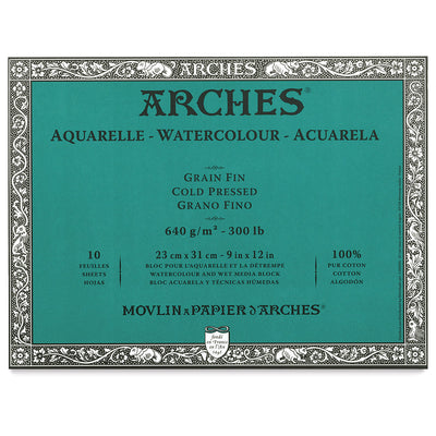 ARCHES WATER COLOUR BLOCK 10 SHEETS COLD PRESSED 640 GSM 100% COTTON 9" x 12" (1795065)
