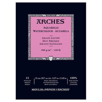 ARCHES WATER COLOUR PAD 15 SHEETS HOT PRESSED 185 GSM 100% COTTON 8.27" x 11.69" (1795096)