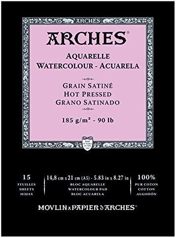 ARCHES WATER COLOUR PAD 15 SHEETS HOT PRESSED 185 GSM 100% COTTON 5.83" x 8.27" (1795220)