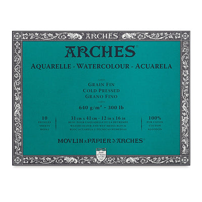 ARCHES WATER COLOUR BLOCK 10 SHEETS COLD PRESSED 640 GSM 100% COTTON 12" x 16" (1795067)