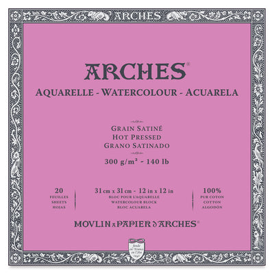 ARCHES WATER COLOUR BLOCK 20 SHEETS HOT PRESSED 300 GSM 100% COTTON 12" x 12" (1711605)