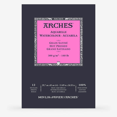 ARCHES WATER COLOUR PAD 12 SHEETS HOT PRESSED 300 GSM 100% COTTON 11.69" x 16.53" (1795099)