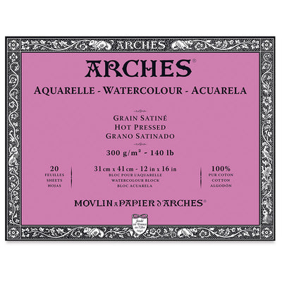 ARCHES WATER COLOUR BLOCK 20 SHEETS HOT PRESSED 300 GSM 100% COTTON 12" x 16" (1795074)