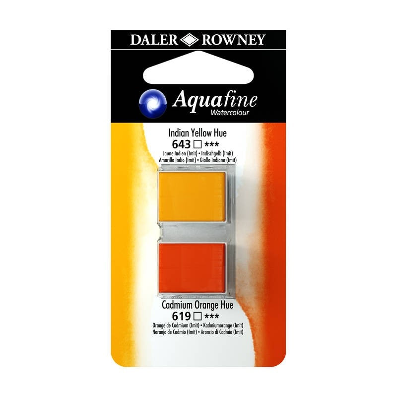 DALER & ROWNEY AQUAFINE 2 PC 1/2 PAN  INDIAN YELLOW HUE/CAD ORANGE HUE SET OF 2 (003)