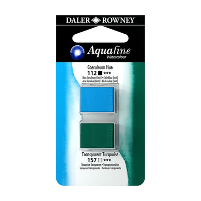 DALER & ROWNEY AQUAFINE 2 PC 1/2 PAN  COERULEUM BLUE (HUE)/TRANSPARENT TURQUOISE SET OF 2 (013)