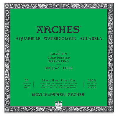 ARCHES WATER COLOUR BLOCK 20 SHEETS COLD PRESSED 300 GSM 100% COTTON 12" x 12" (1711601)