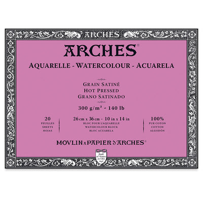 ARCHES WATER COLOUR BLOCK 20 SHEETS HOT PRESSED 300 GSM 100% COTTON 10" x 14" (1795073)
